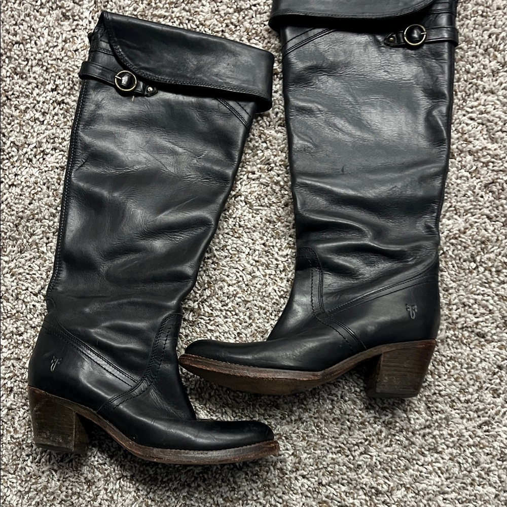 Frye Black Leather Heeled Boots